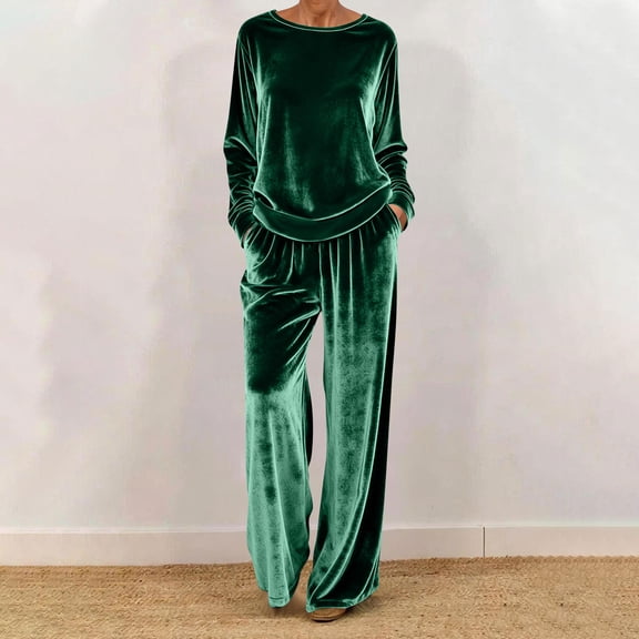 Elegant Outfits for Women Women's Casual Velvet Suit Loose Fitting Round Neck Pullover Tops with Wide Leg Trousers Casual Outfits Green S