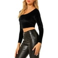 thumbnail image 4 of DARING DIVA Women's Velvet Long Sleeve Scoop Neck Solid Crop Top XS Black, 4 of 7