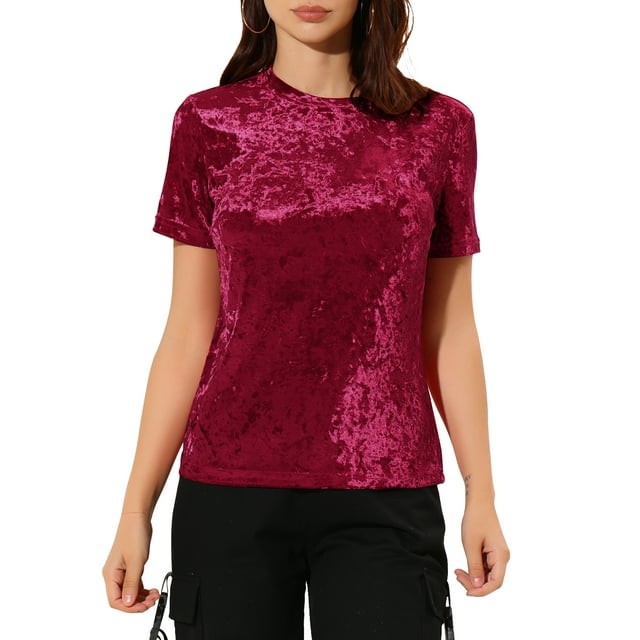 INSPIRE CHIC Chemise de Fête en Velours pour Femmes Col Rond Manches Courtes T-Shirt Décontracté L Rouge