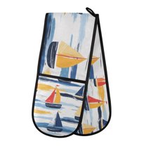 Yayeee Double Oven Mitt Kitchen Heat Resistant Baking 35" x7" Quilted Glove, Orange Hand Drawn Sailboats