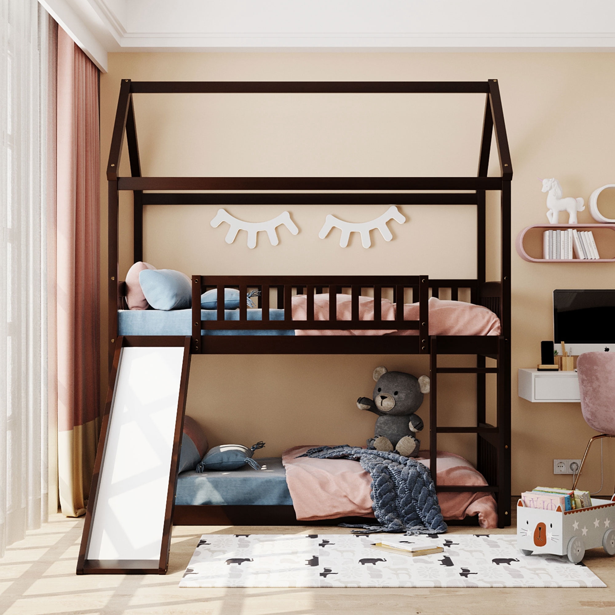 DEALTOPS Twin over Twin Bunk Bed with Slide and Ladder, Wooden Bed Frame for Kids, Teens, Espresso