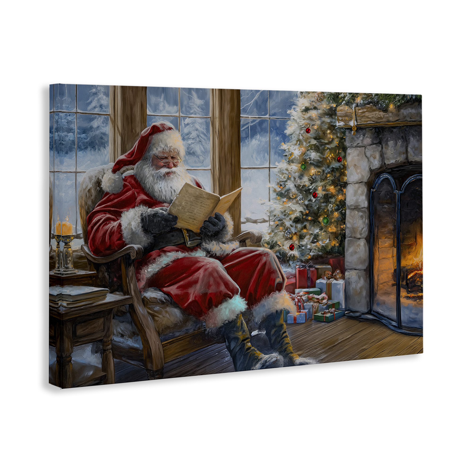 Stupell Industries Santa Reading by Fire Holiday Painting Gallery Wrapped Canvas Art Prints Wall Art, 24 x 16