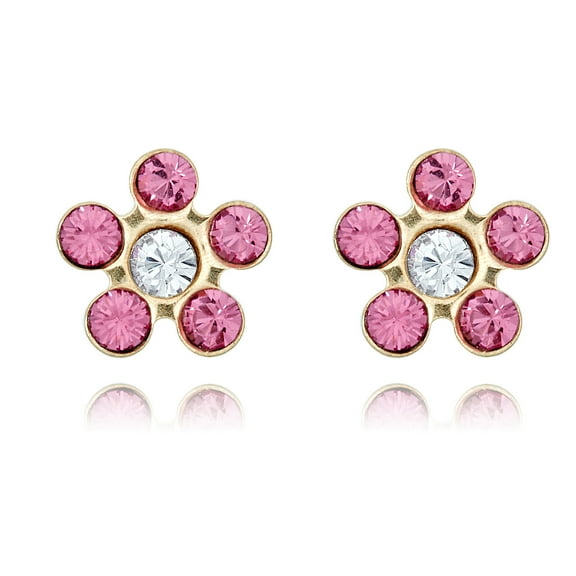 AVORA 10K Yellow Gold Flower Pink Simulated Diamond CZ Screw Back Stud Earrings