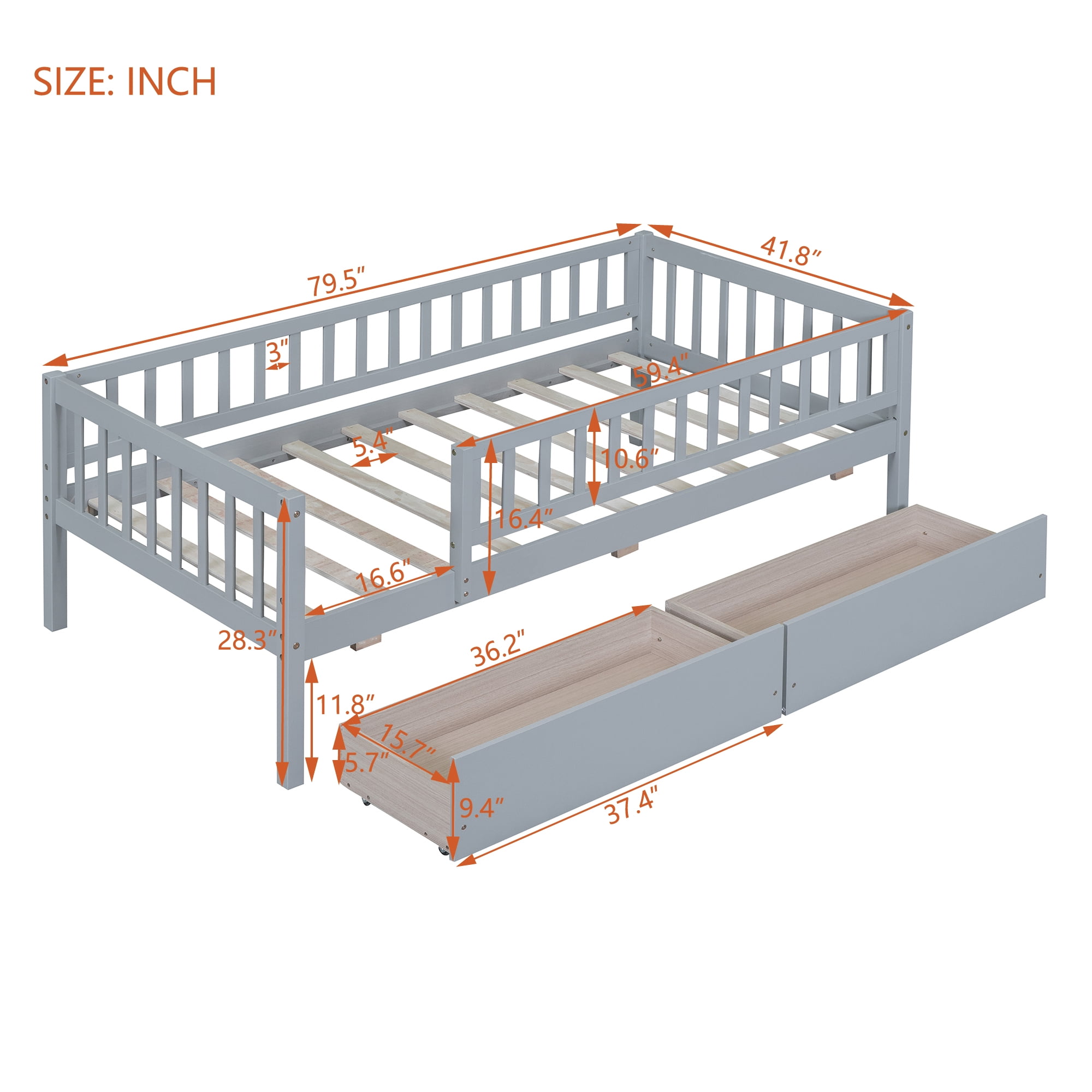 Holaki Twin Size Wood Bed with Guardrails and 2 Storage Drawers for Kids, Gray