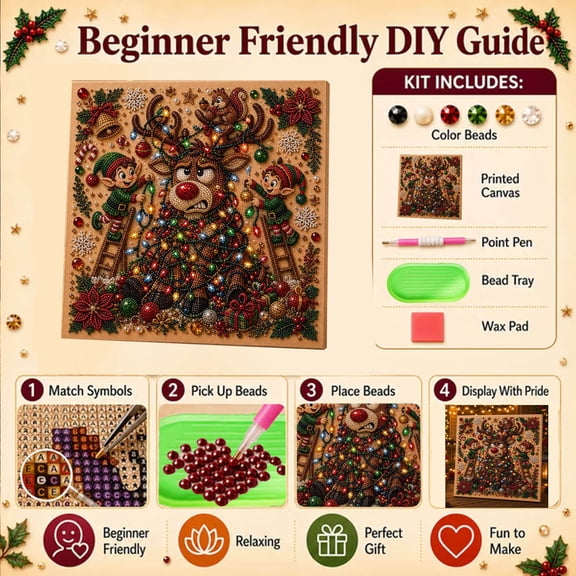 Pearl Art Kit for Adults, DIY Christmas Painting Art Kit for Beginners with Canvas, Beads, Applicator Pen, Wax, Sorting Tray, and Photo Frame