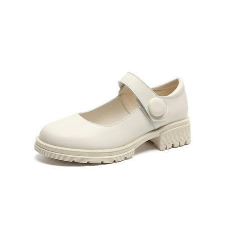 

Lacyhop Womens School Casual Slip On Leather Shoes Ladies Uniform Comfort Chunky Flats Non-slip Ankle Strap Mary Jane Beige 5
