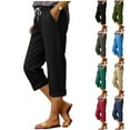 thumbnail image 2 of Bloomae Womens Summer Linen Capris Pants Causal Drawstring Elastic Waist Soft Cotton Pants Lightweight Loose Comfy Rolled-up Trim Cropped Trousers with Pockets Army Green L, 2 of 7