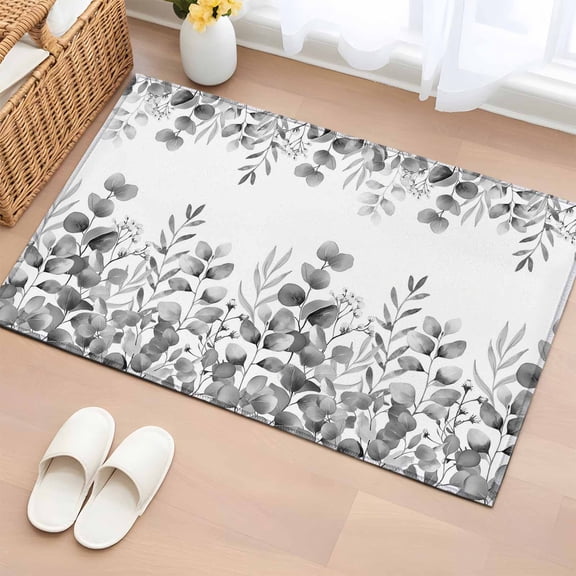 Entryway Rug 2'x3', Grey Eucalyptus Leaves Small Rug for Kitchen Bathroom Door Mat Indoor Entrance, Watercolor Spring Summer Botanical Non-Slip Area Rugs Floor Mats Carpet Front Door Rugs