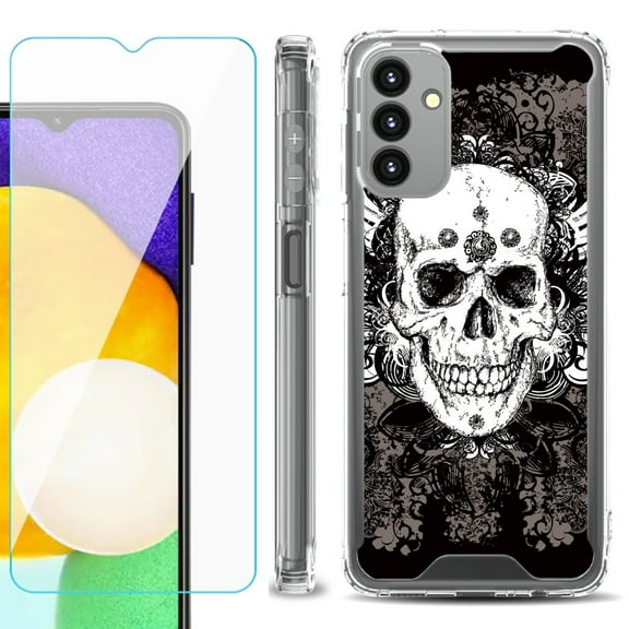 Shockproof Bumper Phone Case for Samsung Galaxy A13 5G, with Tempered Glass Screen Protector, by OneToughShield ® - Grunge Skull