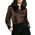 thumbnail image 2 of ClodeEU Women's Satin V Neck Long Sleeve Button Down Blouse,Casual Loose Fit Office Shirt Top Coffee,Women's Plus L, 2 of 5