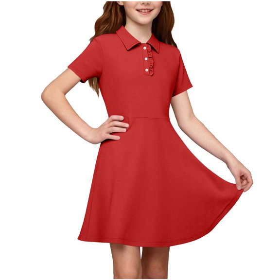 Fesfesfes Girls Short Sleeve Dress Collared Button Front Casual A-Line Summer Outfit with Pockets for School Daily Wear Ages 5-15 Years