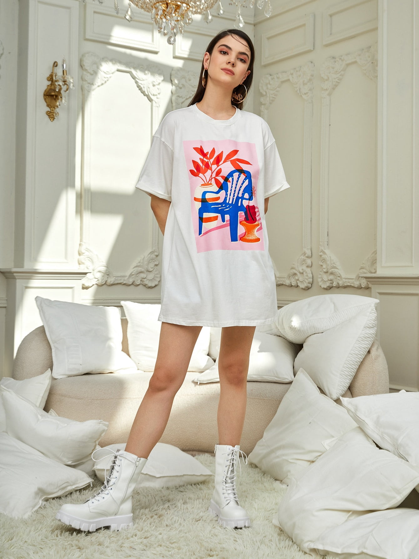 White Casual Women's Plant Graphic 