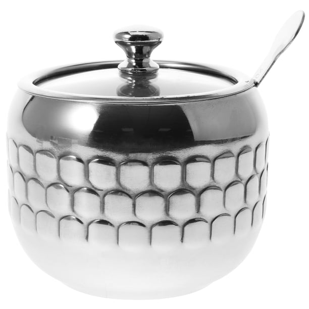Tarro de condimentos de acero inoxidable con tapa y cuchara, recipiente reutilizable para especias y sal.
