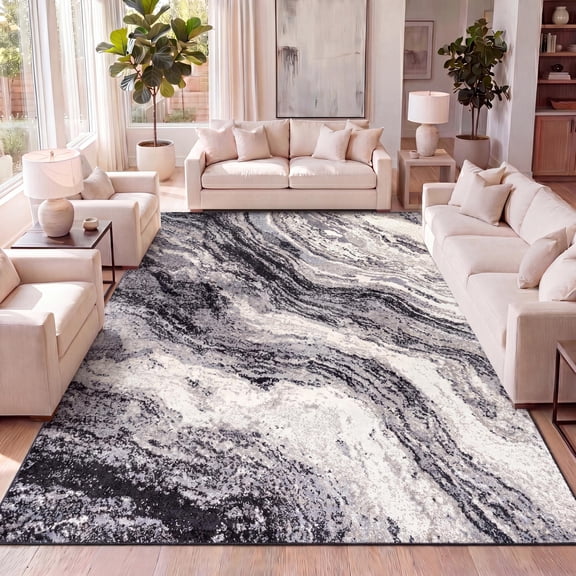 JONATHAN Y SUPERSOFT 5 x 8 Area Rug, Kassia Contemporary Glam Abstract Marble - Charcoal/Cream, SEU300A-5