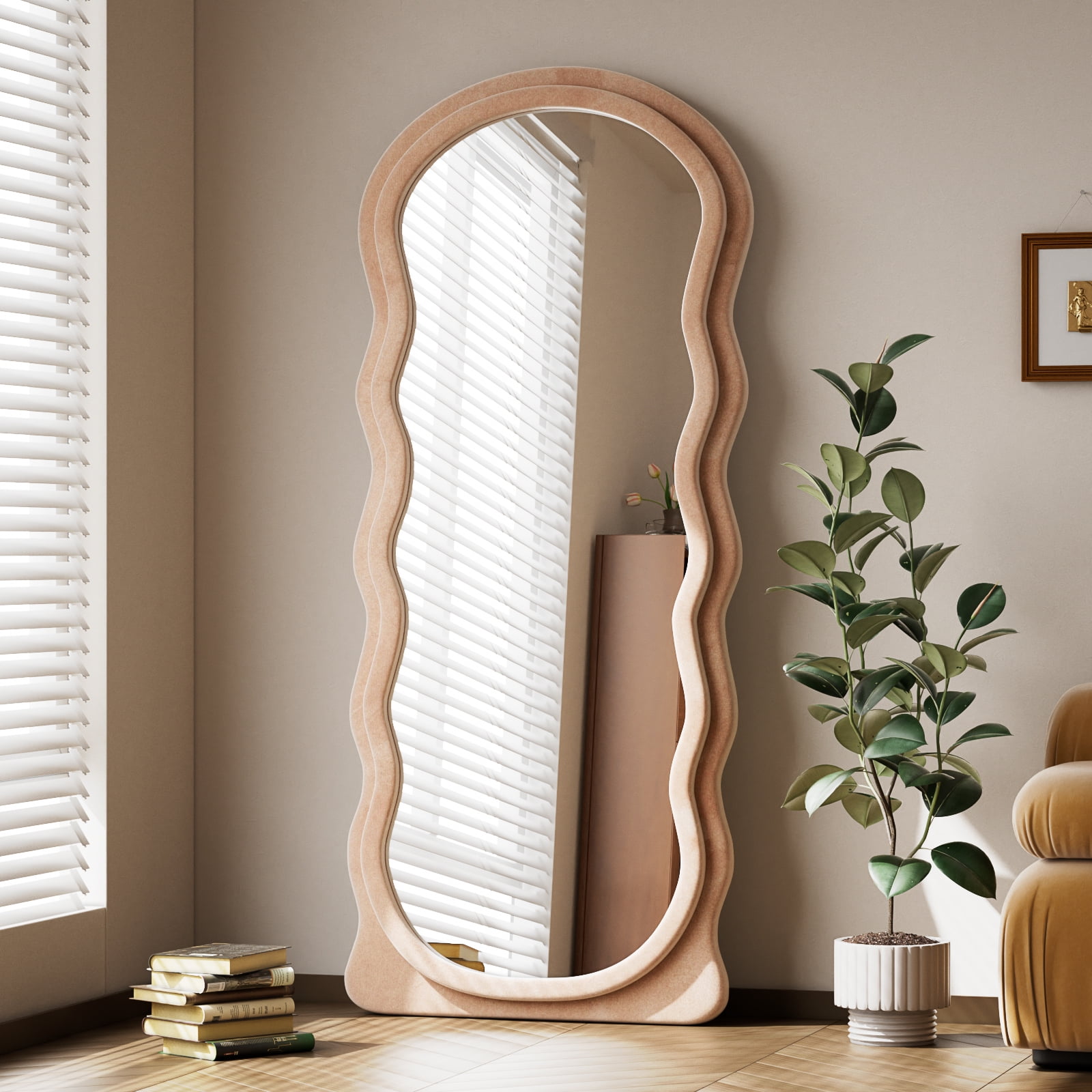 Easy4Home 63"x24" Arched Full Length Mirror with Wavy Flannel Frame Freestanding Decorative Round Edge Floor Mirror, Milk Tea