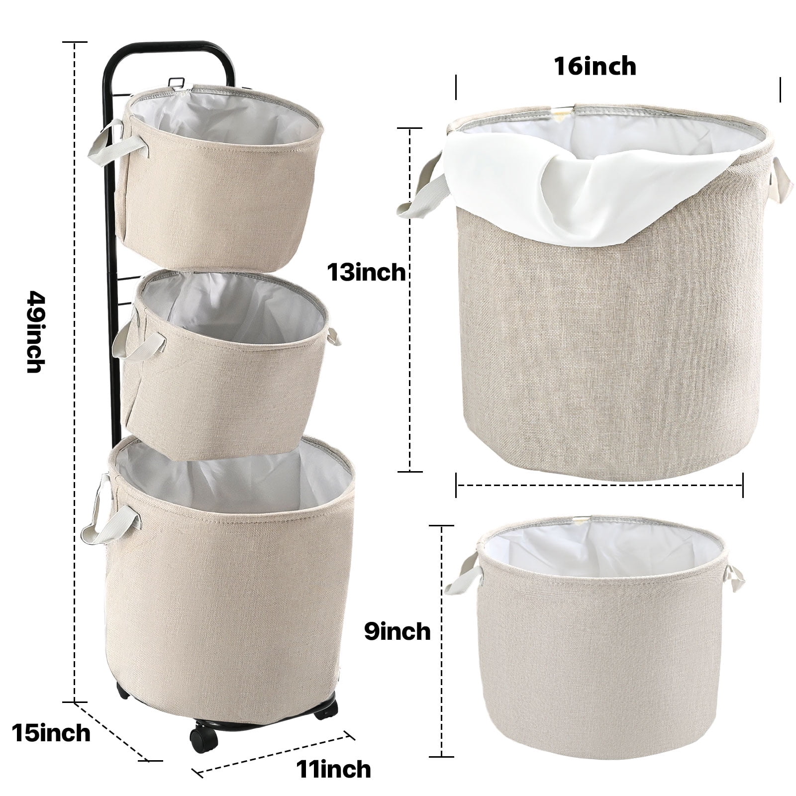 YOUPINS 3-Tier Laundry Hamper Sorter, Laundry Storage Organizer with Wheels Movable Rolling Laundry Baskets Cart, Bathroom Cart Clothes Shelf,Laundry Butler for Bathroom Bedroom Laundry Room, Beige