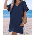 thumbnail image 4 of Swimsuit Coverup for Women Waffle Knit V Neck Short Sleeve Beach Coverup Dress with Pockets Dark Blue XXL, 4 of 8