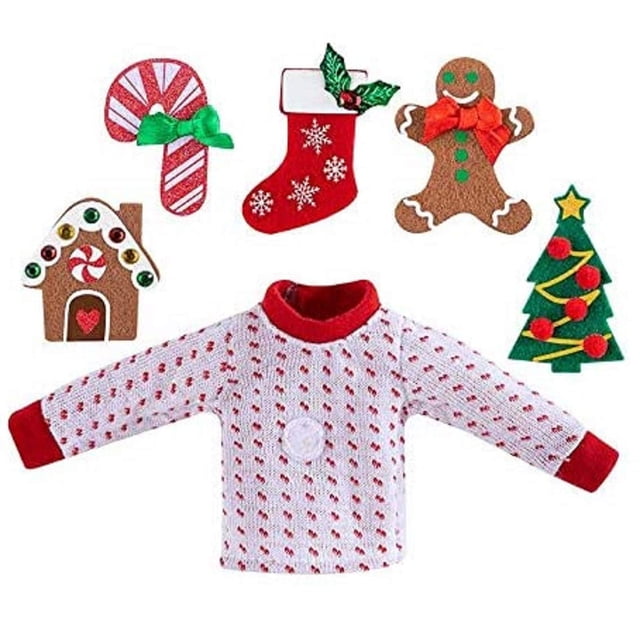 Juego de suéteres The Elf on the Shelf - Accesorio para niño o niña elfo con 5 calcomanías removibles diferentes Cambia tu disfraz de elfo diariamente Diviértete con tu fiesta de suéter feo en casa de