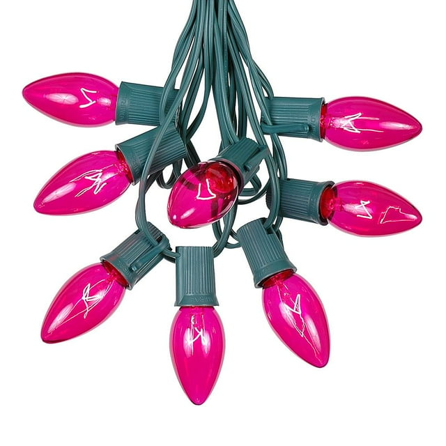 C9 Pink Christmas String Light Set - Outdoor Christmas Light String - Hanging Christmas Lights - Roofline Light String - Outdoor Patio String Lights - Green Wire - 100 Foot
