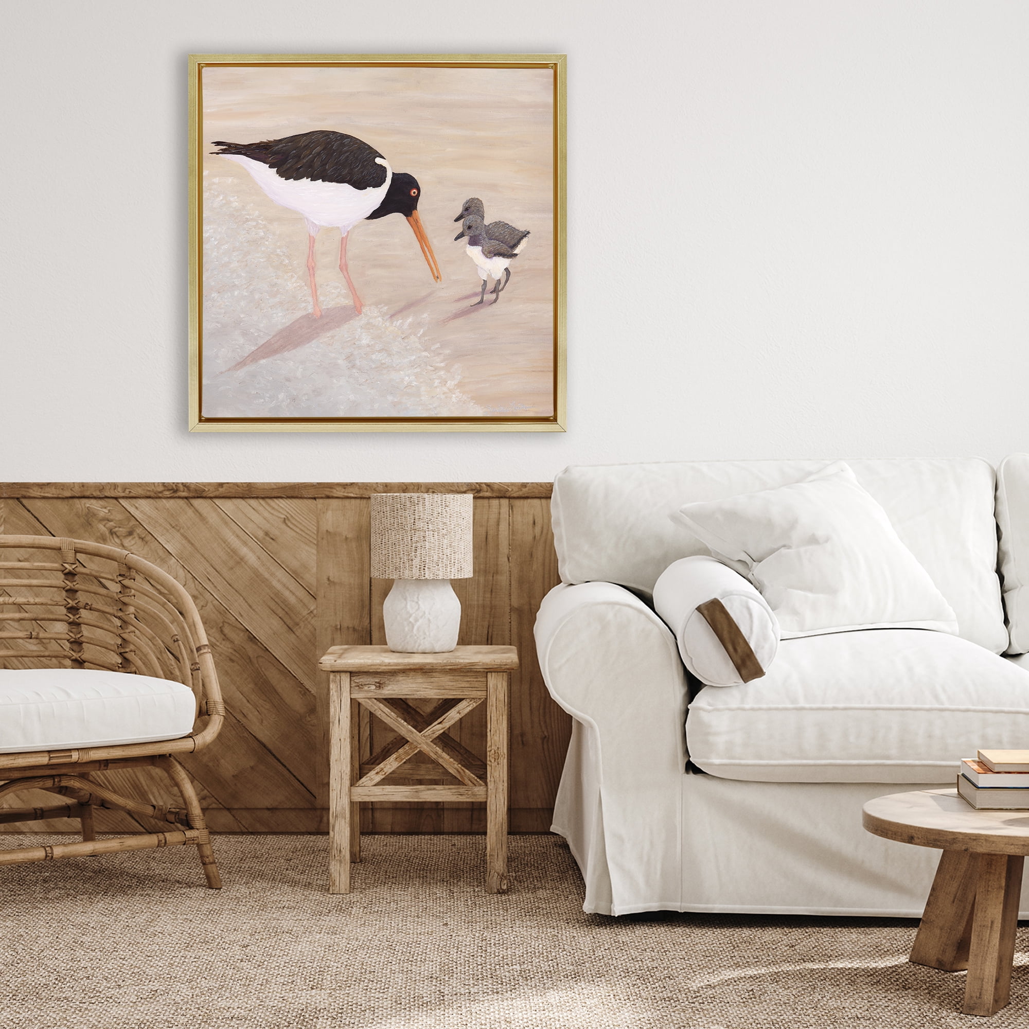Stupell Industries American Oyster Catcher & Chicks Gold Framed Floater Canvas Wall Art, design by Barbara Fallenbaum