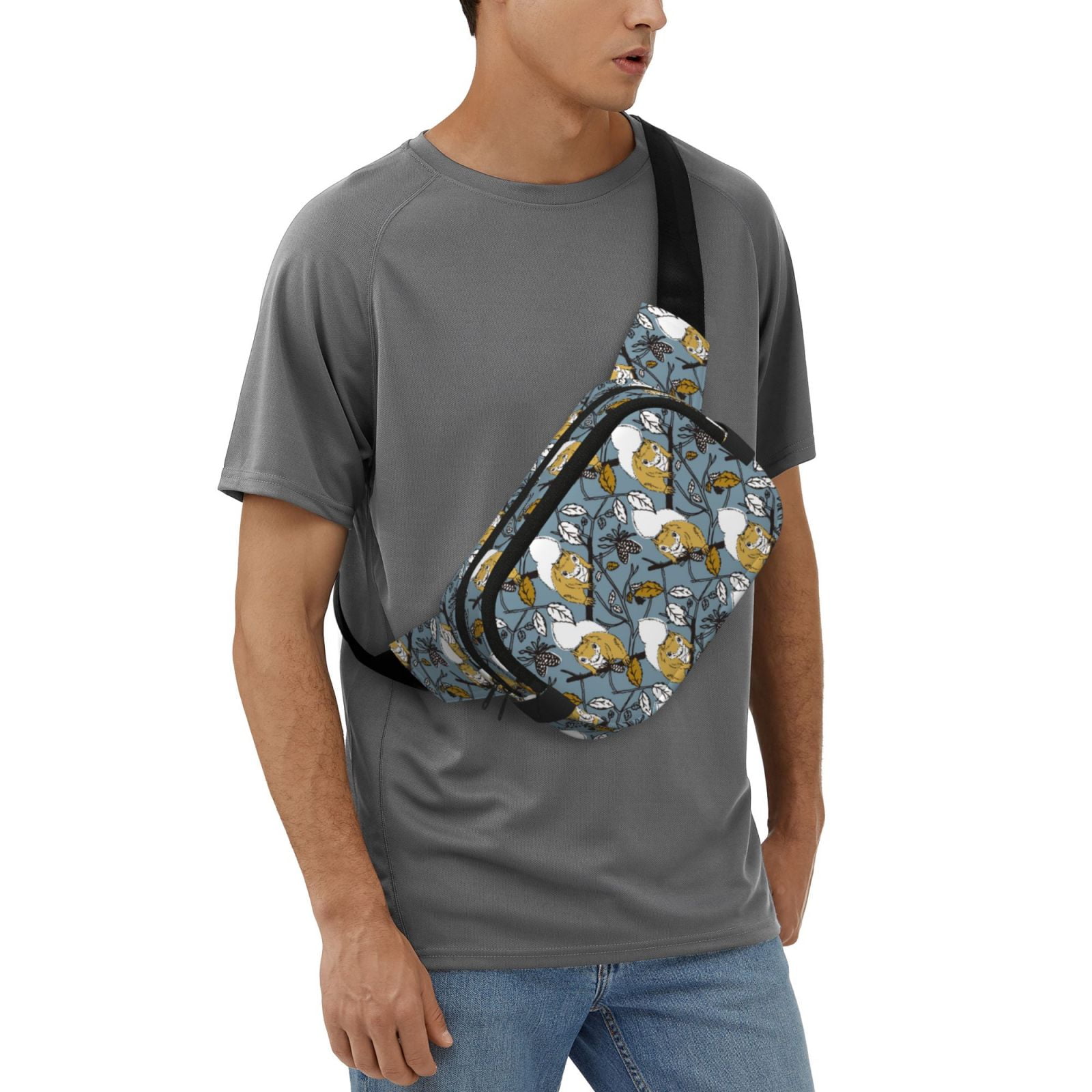 Picia Cartoon Squirrel on Branch Print Square Double-Layer Waist Bag Mini Adjustable Waist Belt Bag Exercise Running Travel Hiking