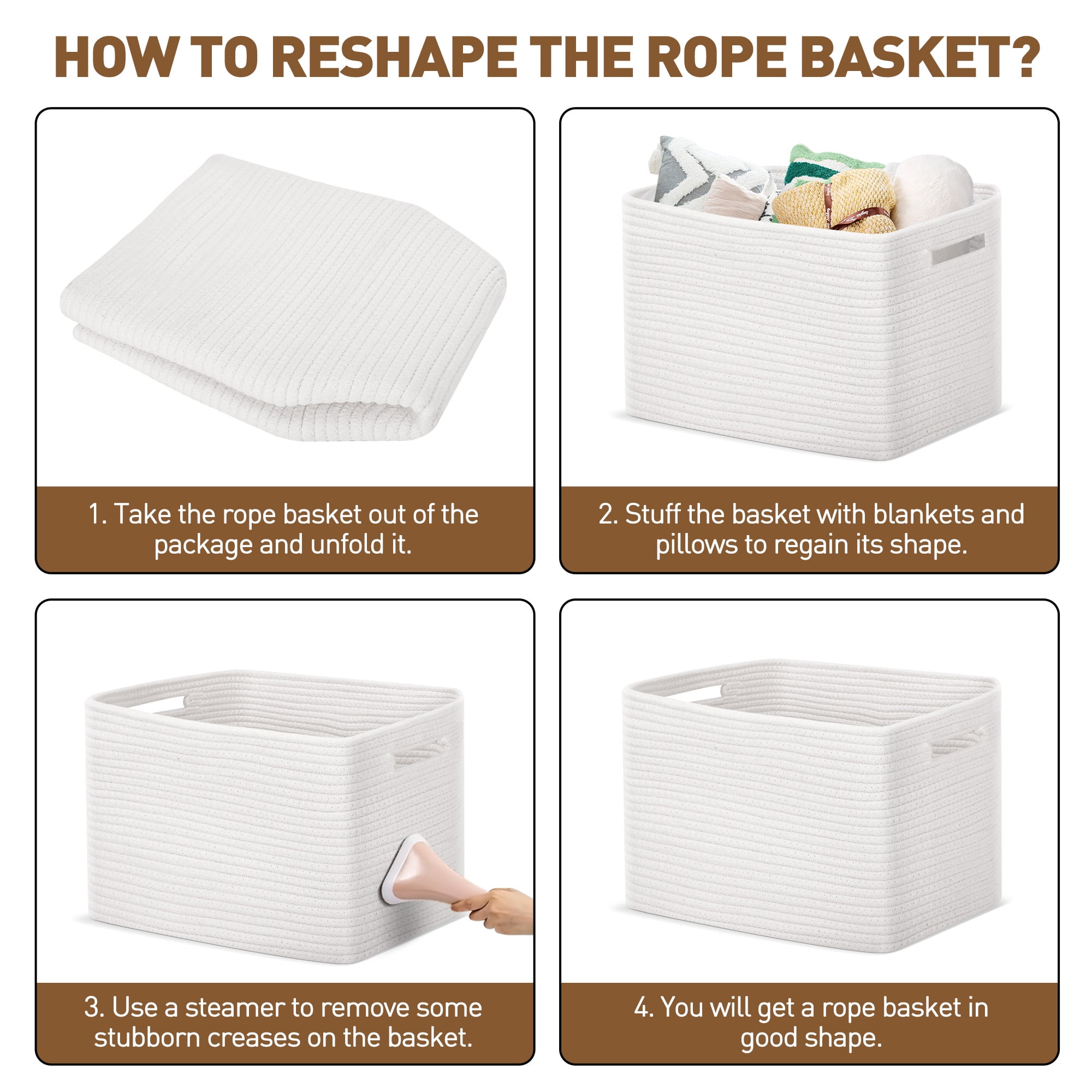 XUEYU 3 Pack Woven Baskets , 11”x11”x9” Cotton Rope Baskets, 18L Blanket Baskets for Storage, Cube Bin Square Shelves Organizer, Toy Basket or Storage Bins for Living Room, Baby Nursery(White)