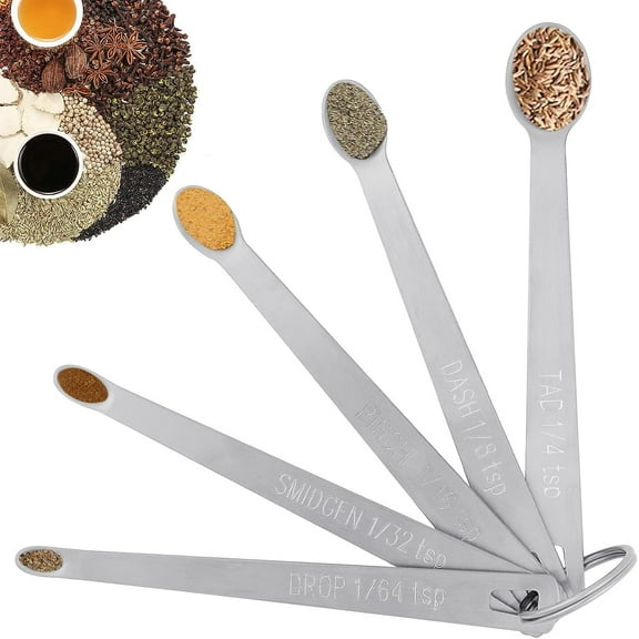 Stainless Steel Mini Measuring Spoons Set, 5-Piece, Easy-to-Read Engraved Handles: Tad 1/4 tsp, Dash 1/8 tsp, Pinch 1/16 tsp, Smidgen 1/32 tsp, Drop 1/64 tsp