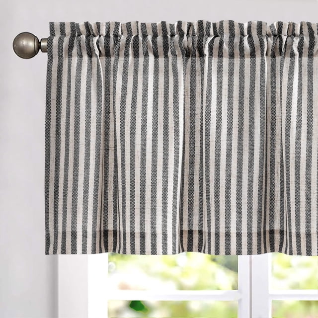 Valance Curtain Linen Textured Striped Window Curtain for Living Room Light Filtering Ticking Stripe Farmhouse Valance for Kitchen Rod Pocket 1 Panel 16 Inch Charcoal Grey on Linen 1 Panel