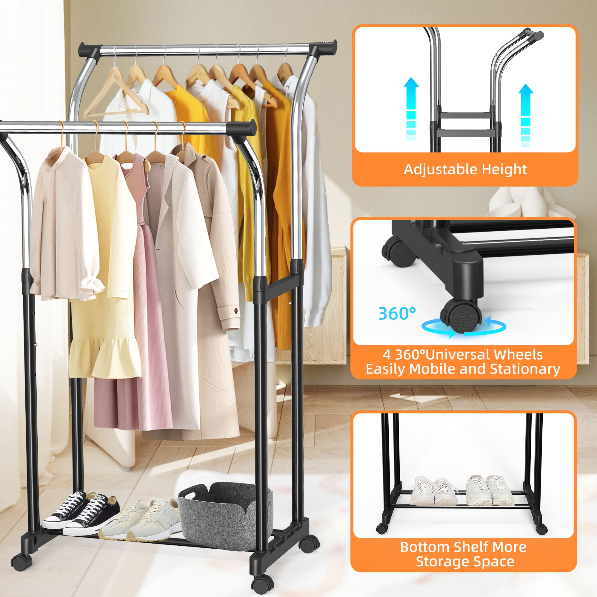 Nefoso Double Rails Clothing Garment Rack Portable Adjustable