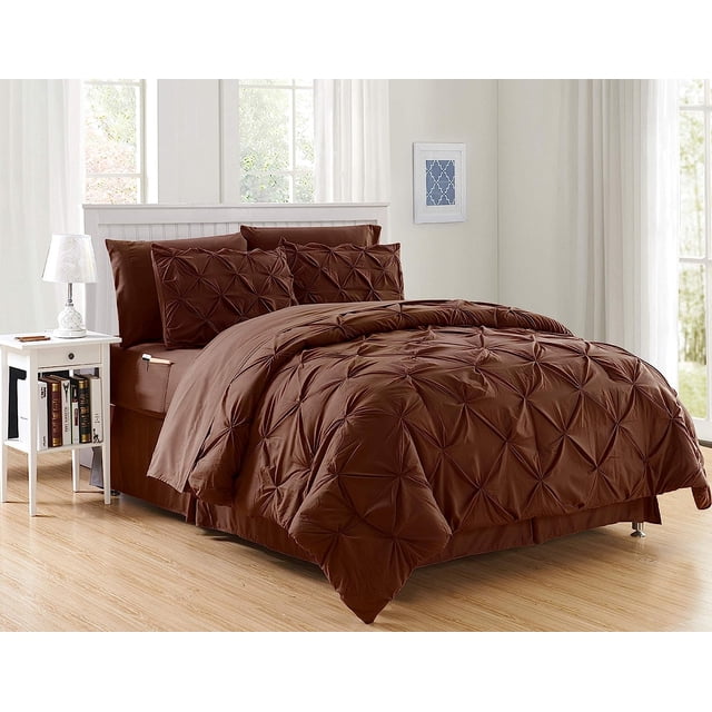 Mocassi Ensemble de Couette Plissée à Pincements de Luxe 6 Pcs - Ensemble de Literie Doux et Confortable avec Poches de Rangement Double Face - Couette Soyeuse Brune, Format Simple/Simple TG