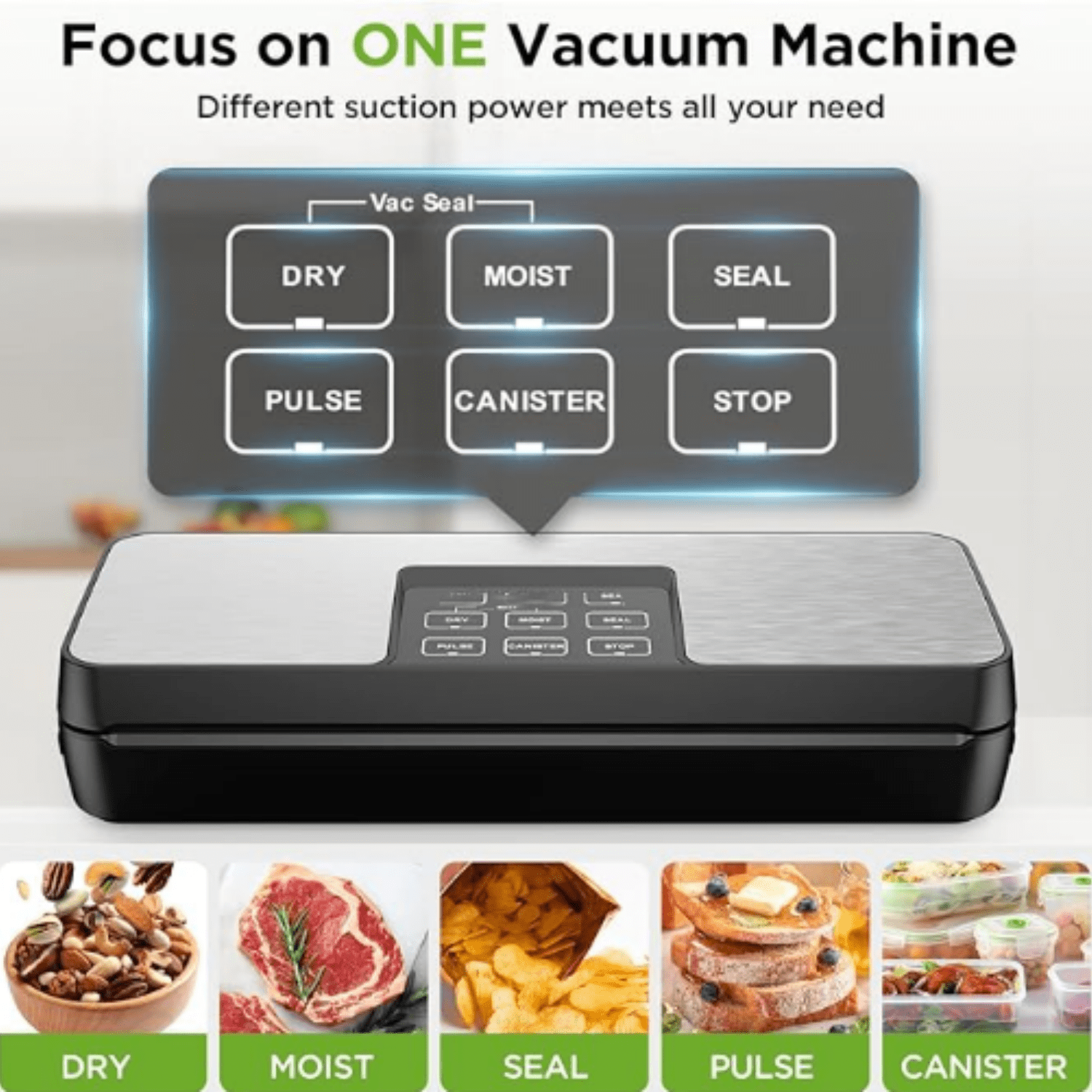 Vacuum Sealer Machine, 85Kpa Food Vacuum Machine, Food Vacuum Sealer with Bag Roll Storage Space, Dry&Moist Modes, Pulse Function, Built in Cutter, Bag Roll included, Silver