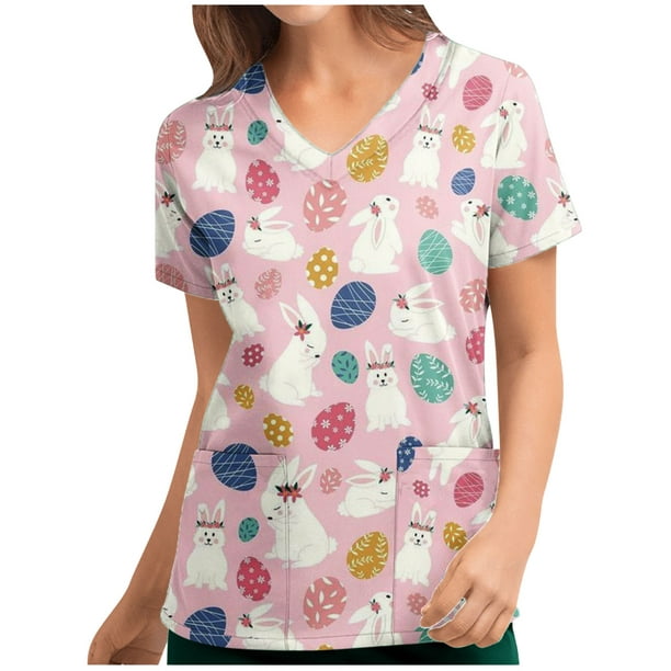 scrub tops for women Cartoon Animal Print Scrubs Shirts Short Sleeve v Neck  Pocket Working Uniform Medical Workwear 
