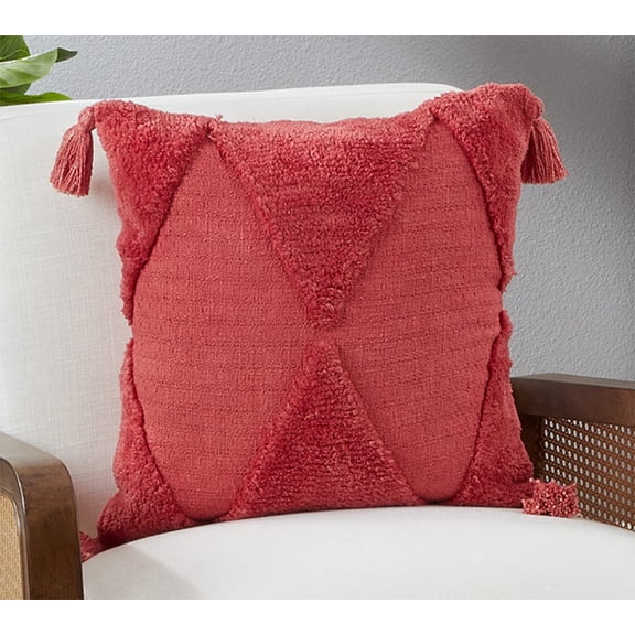 Fennco Styles Solid Tufted Diamond Cotton Decorative Throw Pillow Cover 18" W x 18 "L - Rust Tassel Cushion Case for Home, Couch, Living Room, Bedroom, Office and Holiday Décor
