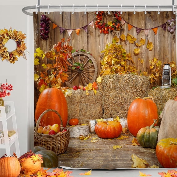 MIZHONA Fall Thanksgiving Shower Curtain Autumu Havest Pumpkins Bathroom Curtain Set,72Wx72L