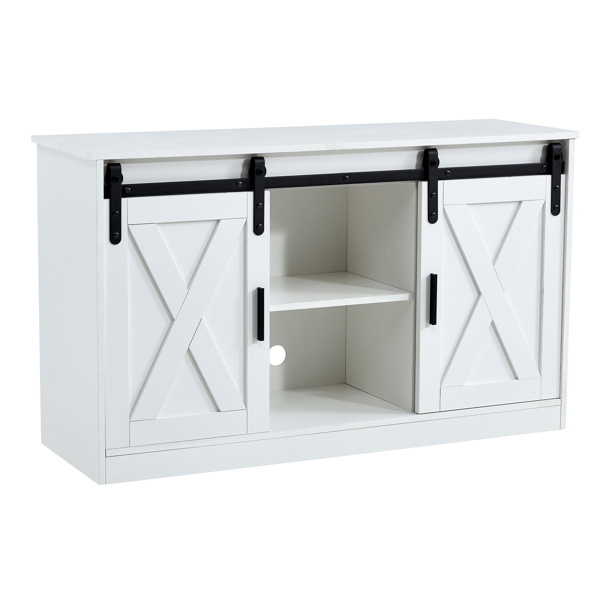 BTMWAY Farmhouse Barn Door TV Stand, White Sliding Barn Door TV Console ...