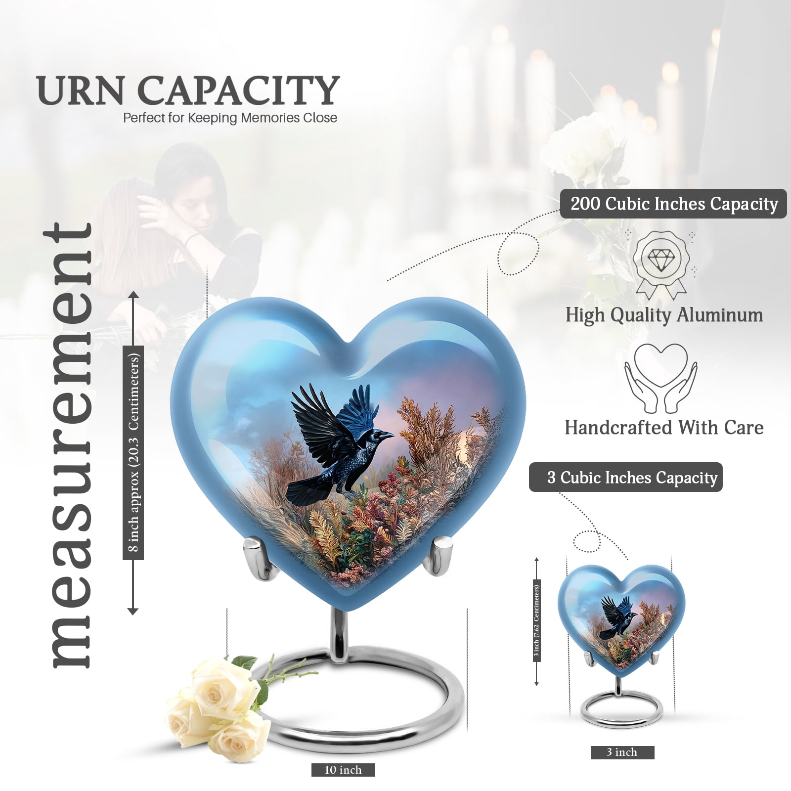 KARYLIZ Crow Heart Shaped Cremation Keepsake Urns For Human Ashes Male & Female - Crow over Autumn Funeral Urn For Ashes For Women & Men - Memorial Tiny Urns For Mom & Dad - Decorative Urn 3 Inch