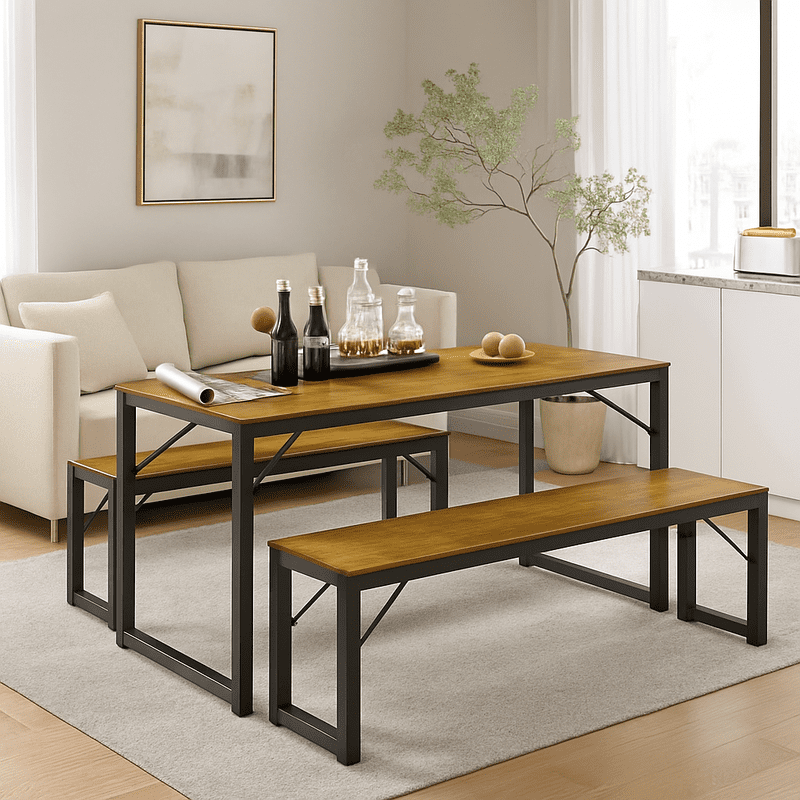 Aiho 3-Piece Dining Table Set - Industrial Kitchen Table & Chairs with Stain-Resistant Oak Top, Space Saving Design for Small Homes, Retro
