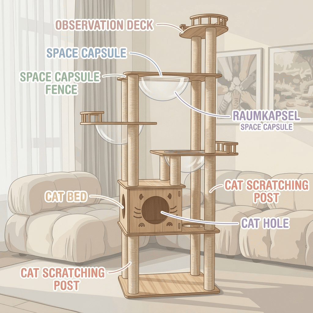 Mekidulu 73in Modern Wood Cat Tree Tower with 3 Space Capsules, 7-Level Indoor Condo, Natural
