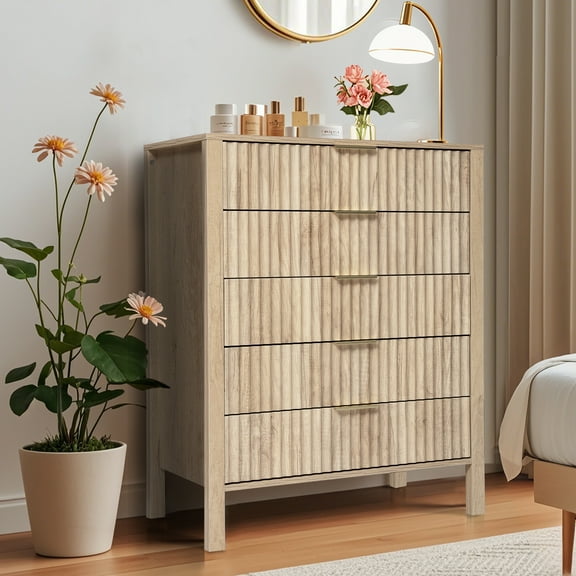 Haverchair Fluted 5 Drawer Dresser, Wooden Chest of Drawers with Wide Metal Handles, Tall Storage Dresser Organizer with Curved Profile Design for Bedroom, Living Room, Hallway Closet, Natural Wood