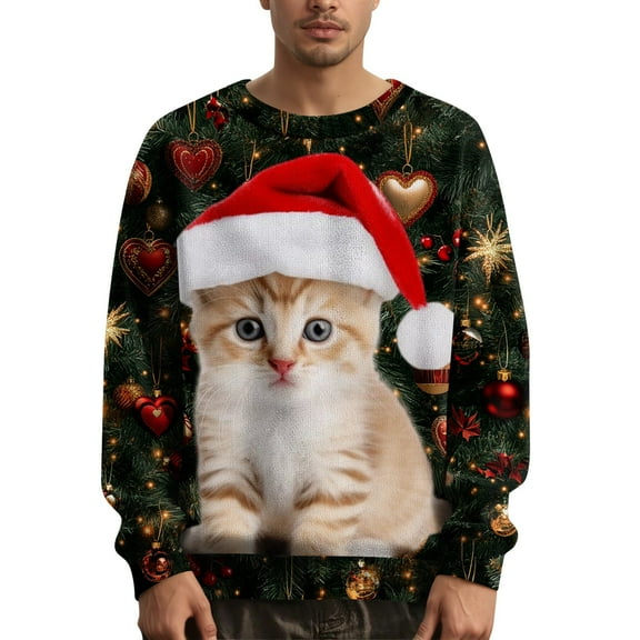 Wutalume Men's Christmas Print Collar Sweater with Holiday Elements, Festive and Fun for Seasonal Parties and Gifts,Army Green L