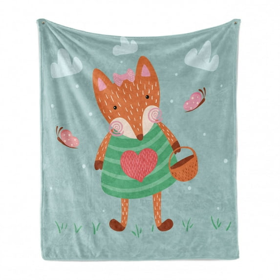 Fox Soft Flannel Fleece Throw Blanket, Nursery Themed Illustration of Animal with Dress and Bow, Cozy Plush for Indoor and Outdoor Use, 50" x 70", Multicolor, by Ambesonne
