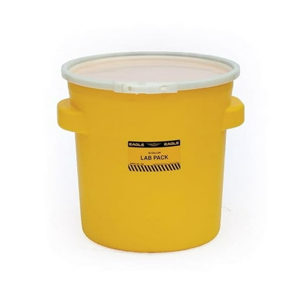 20 Gallon Plastic Drum with Lid, Plastic Lever-Lock, 20.4"x20.9", Lab Pack Drum Made of Durable, Lightweight HDPE, Withstands Weather and Chemicals, Made in USA, Yellow, 1652