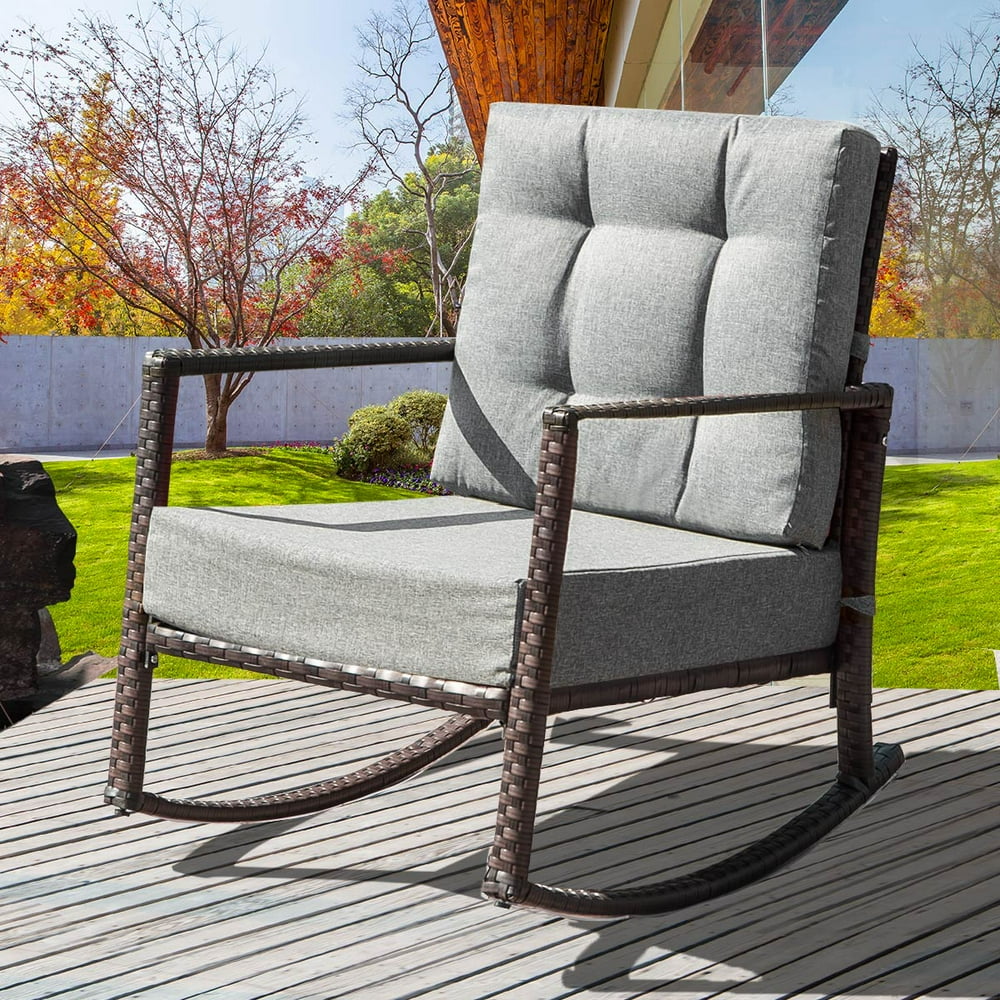 Rocker Armchair Outdoor Patio Wicker Rocking Chair, Cushioned Rattan