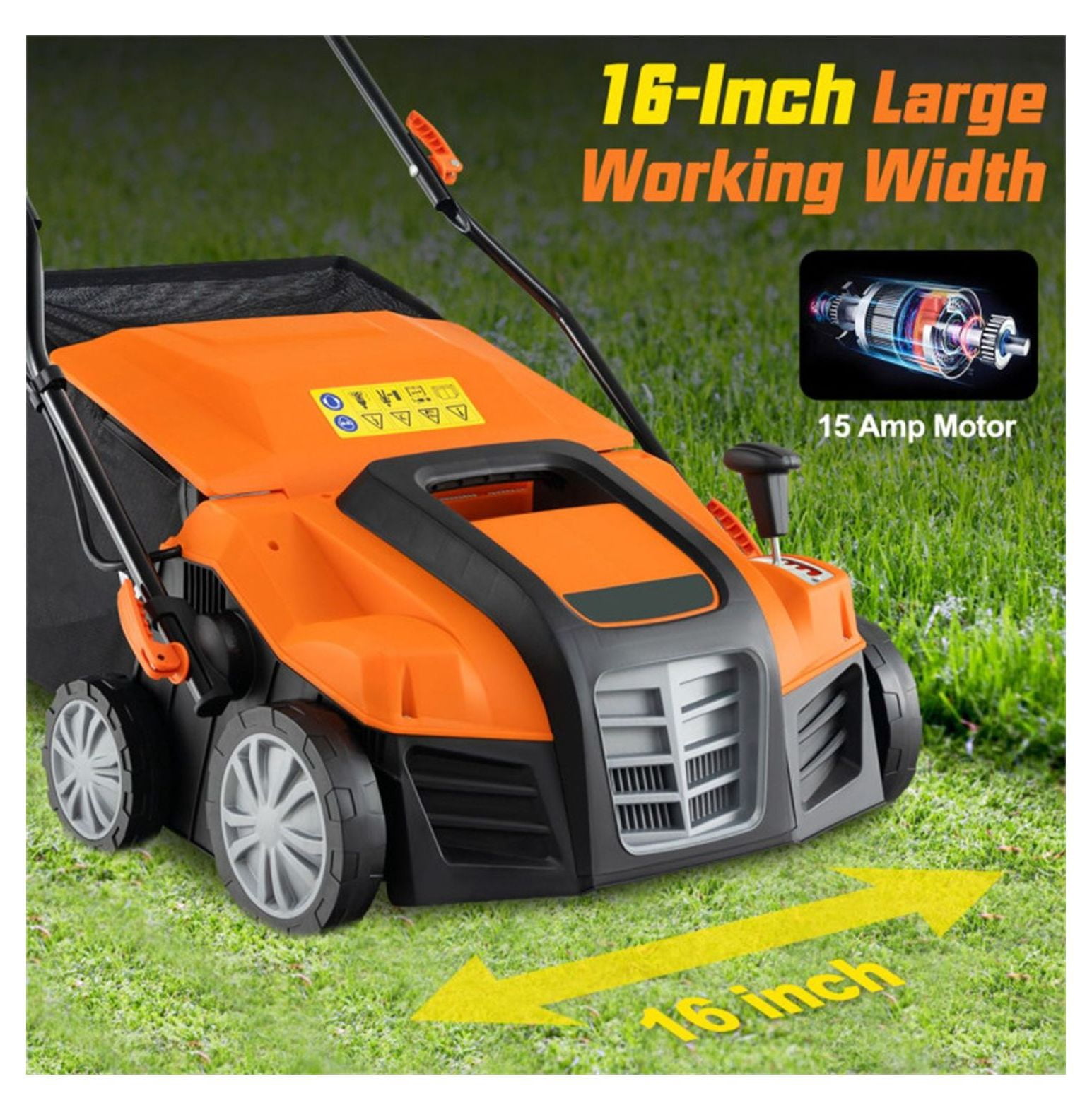 Electric Lawn Dethatcher, 16-Inch Corded Scarifier - 2-in-1 Adjustable Depth, Large Bag, Folding Design for Home Lawn Care - Orange