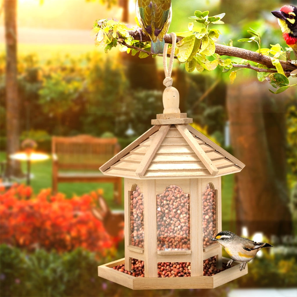 Darzheoy Wild Bird Feeders, Wooden Bird Feeder Hanging for Garden Yard Decoration, Hexagon Shaped Gazebo Bird Feeder with Roof and Large Capacity, Easy to Clean