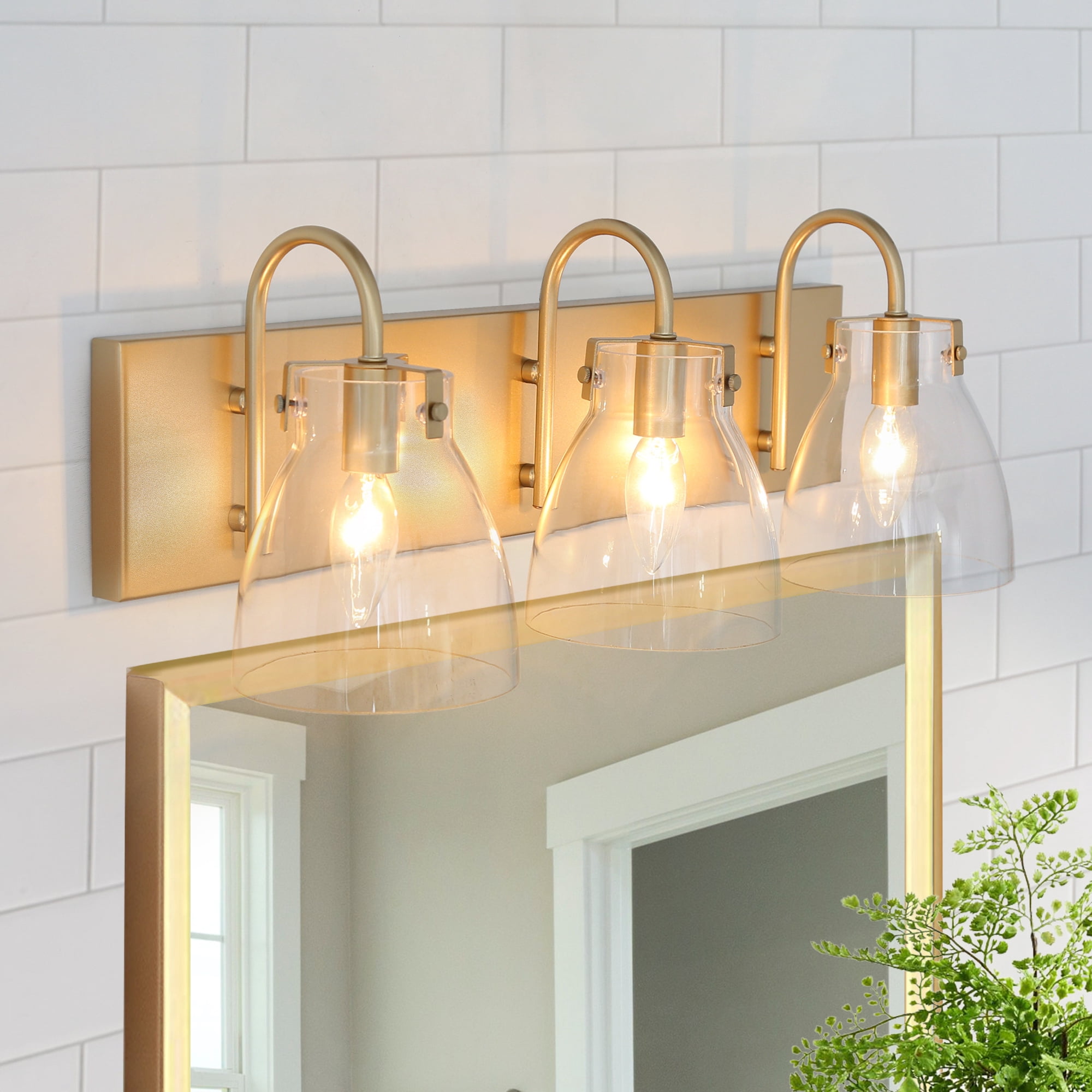 LNC Gold 3-Light Bathroom Vanity Light with Clear Glass Bell Shades, Dimmable