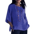 thumbnail image 3 of Ropa De Mujer Camisa De Cuello Redondo De Manga 3/4 Top Casual De Lino De Algodón, Azul, M kenally AP002239-34, 3 of 5