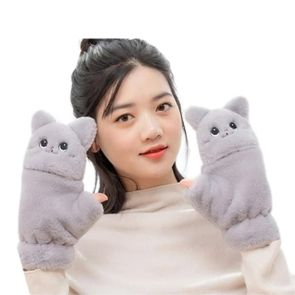 lanema Winter Fingerless Gloves for Women, Convertible Warm Half Finger Mitten Gloves Flip Tops, Cat Plush Gloves