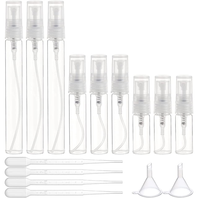 30 frascos atomizadores de vidrio transparente vacíos de 3 ml/5 ml/10 ml con pulverizador de niebla fina, ideales para viajes. Incluyen 2 embudos y 4 pipetas.
