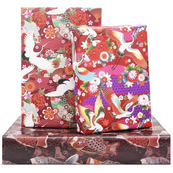 Benefree Japanese Wrapping Paper, Traditional Japanese Themed Koinobori Cranes Japanses Fan Flower Gift Wrap Paper, 6 Sheets Foled Flat 20x28 Inches per Sheet, for Birthday Wedding Japan Theme Party